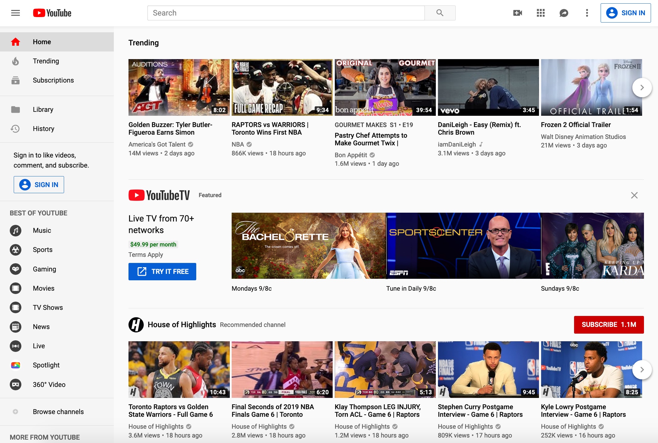 YouTube homepage (2019)